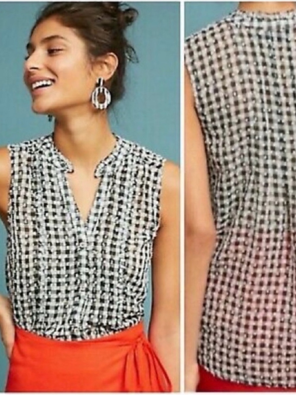 Maeve Black and White Gingham Ruffled Sleeveless Blouse